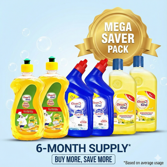 Cleankind 6-in-1 Hygiene Combo - 2 Dish Wash, 2 Toilet Cleaner & 2 Surface Cleaner (500ml Each) | Complete Home Cleaning Kit (Pack of 6)